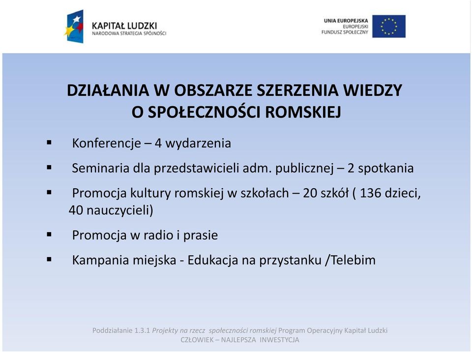 publicznej 2 spotkania Promocja kultury romskiej w szkołach 20 szkół (