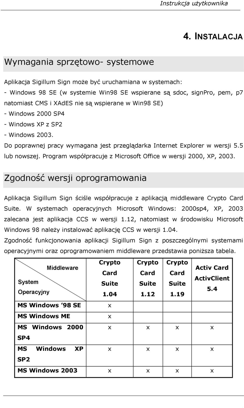 Program współpracuje z Microsoft Office w wersji 2000, XP, 2003. Zgodność wersji oprogramowania Aplikacja Sigillum Sign ściśle współpracuje z aplikacją middleware Crypto Card Suite.