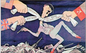 8. Przyjrzyj się karykaturze i odpowiedz na pytania: a) Kogo przedstawia karykatura? Karykatura przedstawia Adolfa Hitlera. b) Jakie państwa są symbolizowane przez trzy dłonie?